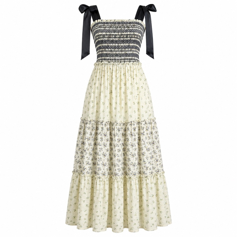 AnnieWear Dress L Cotton Rayon Floral Cottagecore Coquette Tiered Midi Ribbon